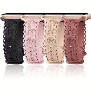 Floral Engraved Silicone Watch Band for Apple Watch – 4 Pack