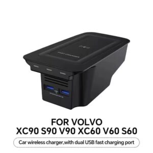 شاحن سيارة لاسلكي Qi سريع 15W مع منفذي USB – مخصص لسيارات فولفو XC90 / S90 / V90 / XC60 / S60 / V60 (2018–2021)