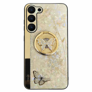 جراب سامسونج جالاكسي S23 Plus فاخر مزخرف مع حامل دائري – تصميم فراشات لؤلؤي