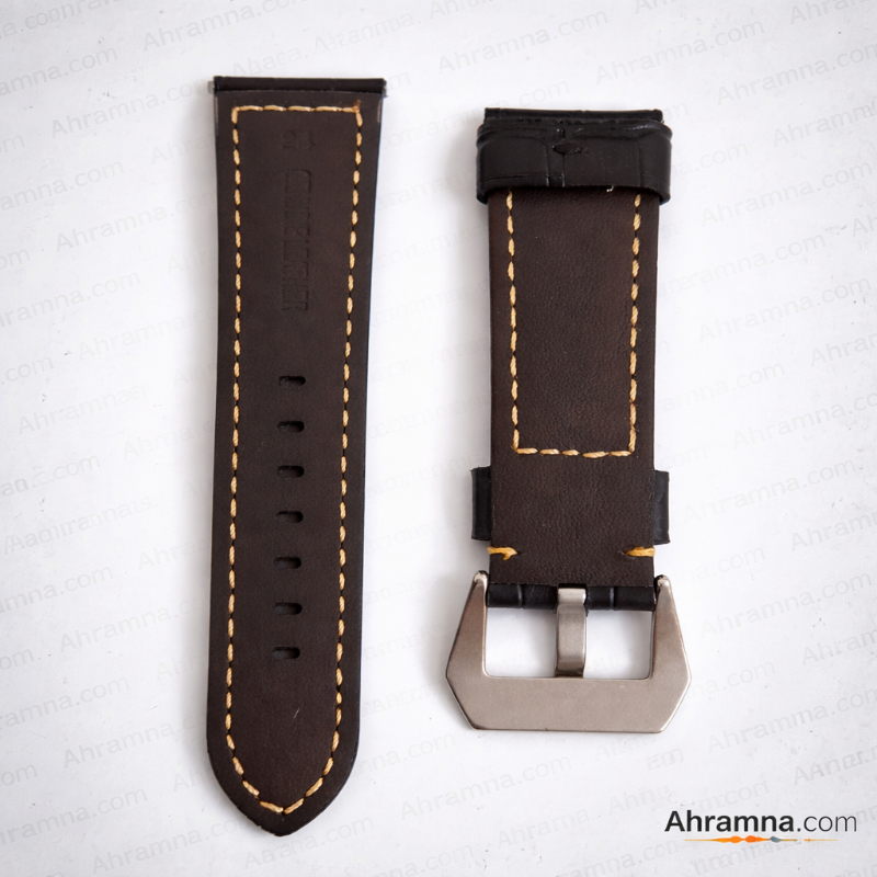 24mm Genuine Leather Watch Strap Black Crocodile Pattern with Beige Stitching and Metal Buckle - الصورة 2
