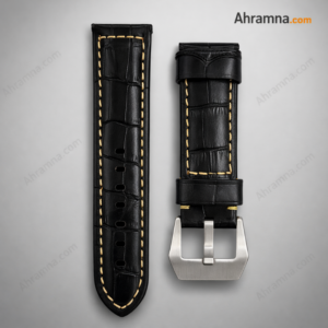 24mm Genuine Leather Watch Strap Black Crocodile Pattern with Beige Stitching and Metal Buckle